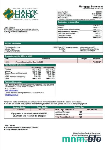 Kazachstan Bank Halyk Oszczędnościowy Kazachstanu wyciąg z kredytu hipotecznego szablon Word i PDF
